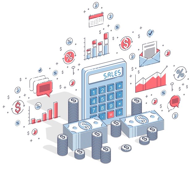 Calculadora con pilas de dinero en efectivo y pilas de monedas aisladas en fondo blanco, concepto de ventas. Ilustración isométrica de negocios vectoriales 3d con iconos, gráficos de estadísticas y elementos de diseño.