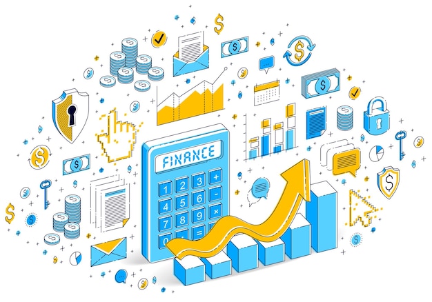 Vector calculadora con tabla de crecimiento de ganancias aislada sobre fondo blanco, concepto financiero. ilustración isométrica de negocios vectoriales 3d con iconos, gráficos de estadísticas y elementos de diseño.