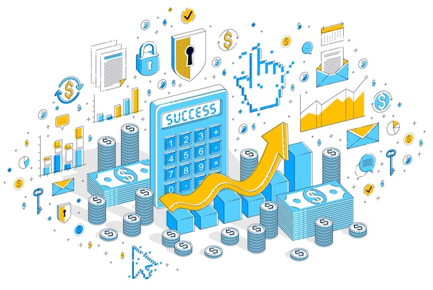 Calculadora con tabla de crecimiento de ganancias aislada sobre fondo blanco, concepto financiero. Ilustración isométrica de negocios vectoriales 3d con iconos, gráficos de estadísticas y elementos de diseño.