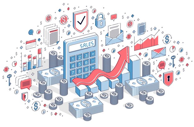 Calculadora con tabla de crecimiento de ganancias aislada sobre fondo blanco, concepto de ventas. ilustración isométrica de finanzas vectoriales 3d con iconos, gráficos estadísticos y elementos de diseño.