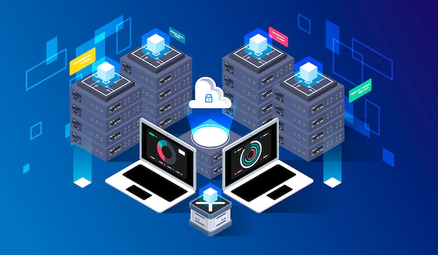 Cálculo del gran centro de datos, procesamiento de información, base de datos. enrutamiento de tráfico de Internet, tecnología de vector isométrica de rack de sala de servidores.