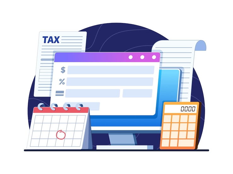 Vector cálculo de impuestos con la calculadora de impuestos en línea en un sitio web. informe de investigación financiera y cálculo.