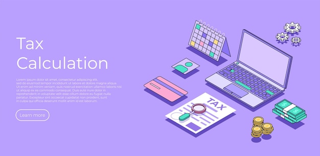 Cálculo de impuestos página de destino isométrica Gestión financiera Concepto de dinero en línea Concepto de ilustración vectorial