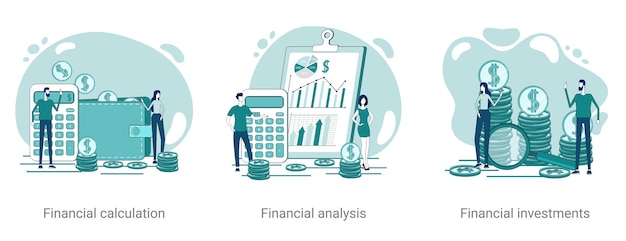 Cálculos financieros análisis financieros e inversiones financieras un conjunto de ilustraciones vectoriales