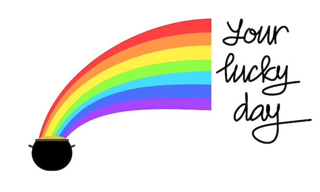 Caldero, arco iris y monedas de oro. Tu día de suerte. Ilustración vectorial para banner o tarjeta.