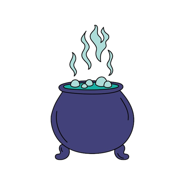 Caldero de bruja garabato aislado Vector dibujado a mano ilustración del objeto de Halloween Caldero de contorno colorido con poción hirviendo Olla para brujería y magia