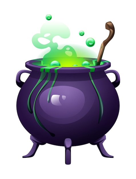 Caldero de bruja con poción verde burbujeante y agitador de madera Ilustración de dibujos animados vectorial