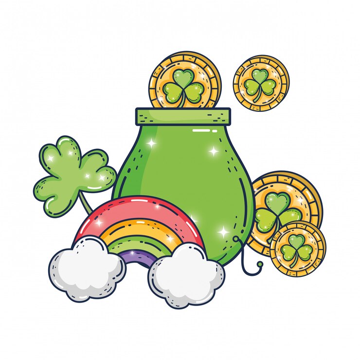 Vector caldero del tesoro con tréboles monedas día de san patricio