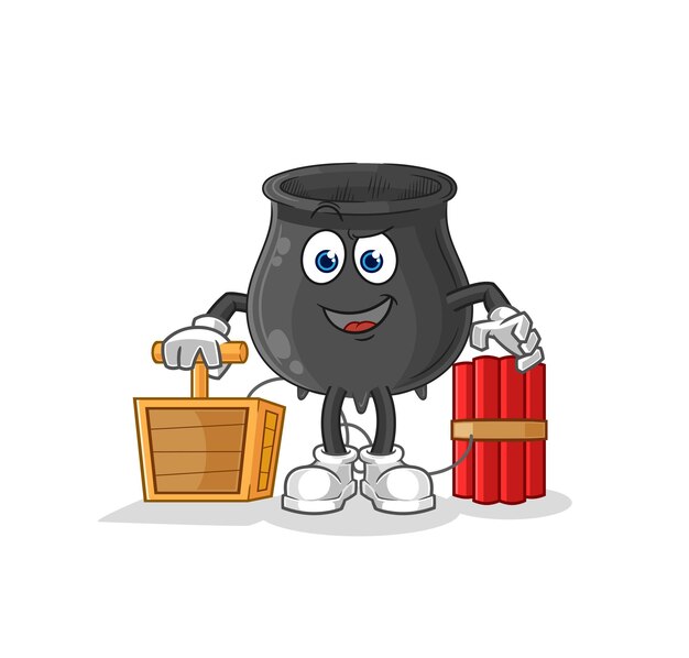 Caldero con vector de mascota de dibujos animados de detonador de dinamita