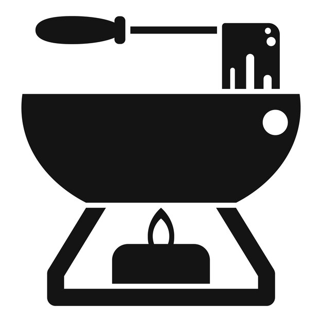 Calefacción de la olla de fondue en una vela encendida con un largo tenedor sumergiendo el icono de la comida