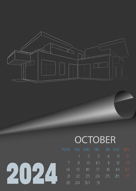 Calendario del 10 de octubre para 2024 Plantilla de calendario de pared vectorial Boceto para la creatividad