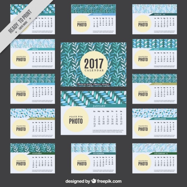 Vector calendario de 2017 con hojas decorativas