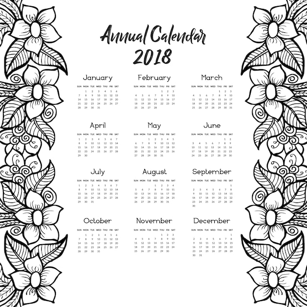 Calendario 2018 con diseño floral dibujado a mano