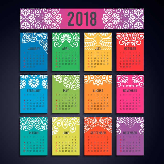Calendario 2018. elementos decorativos vintage. patrón oriental, ilustración vectorial.