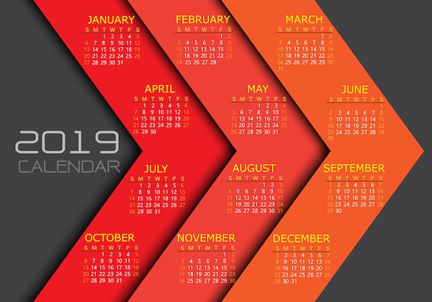 Vector calendario 2019 amarillo número de texto blanco fondo rojo flecha.