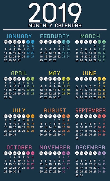 Calendario 2019 año plantilla simple - la semana comienza con el lunes.