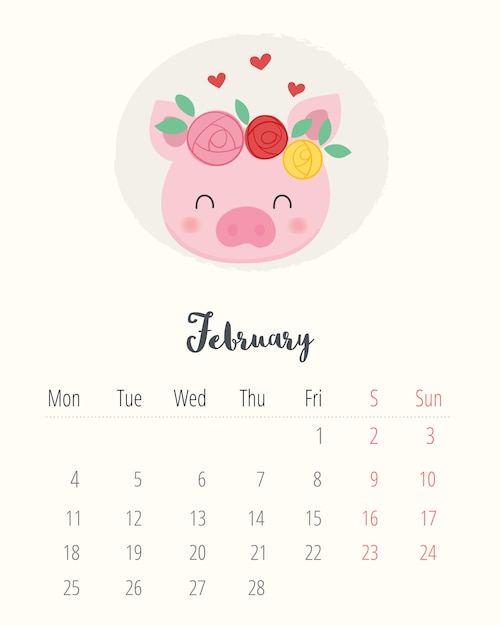 Calendario 2019. cerdo lindo. mes de febrero