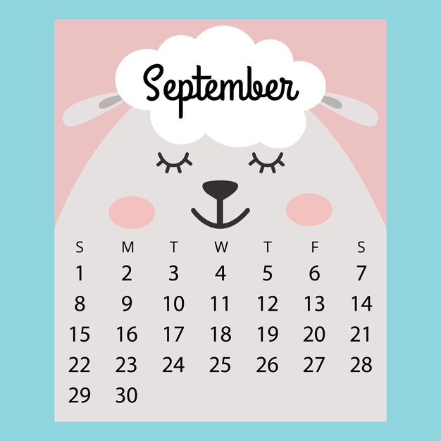 Vector calendario 2019 cute dibujos animados divertidos ovejasseptiembre mes de otoño