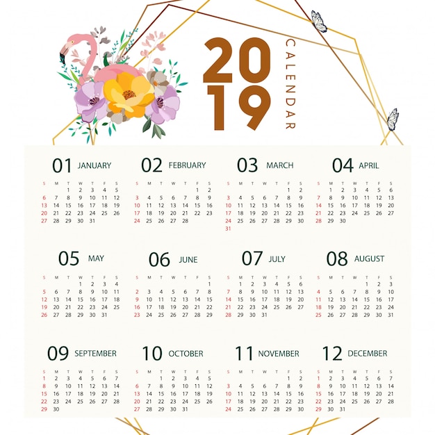 Vector calendario 2019 flamenco diseño