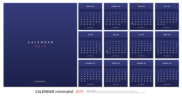 Calendario 2019 Trendy Gradients Estilo minimalista