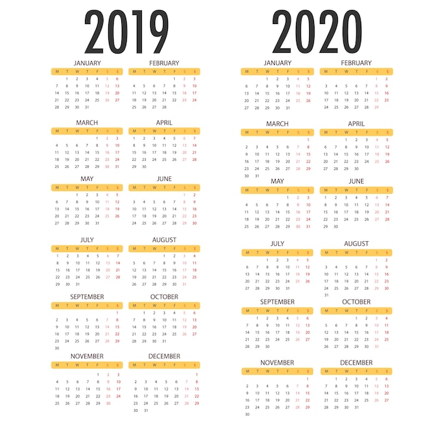 Calendario para 2020 2019 sobre fondo blanco. plantilla de vector