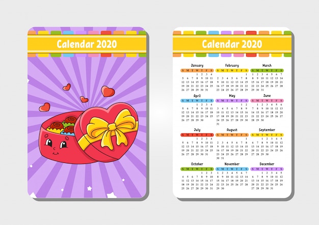 Calendario para 2020 con un lindo personaje. tamano de bolsillo.