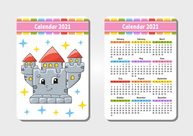 Calendario para 2021 con un lindo personaje. castillo real. tamano de bolsillo.