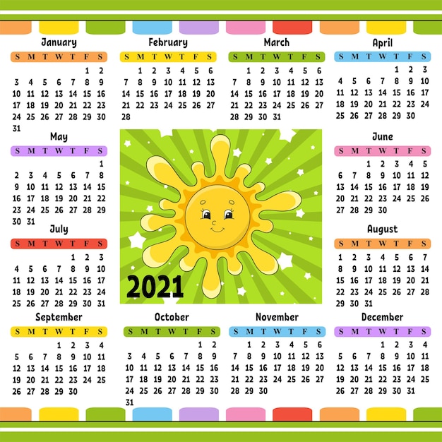 Calendario para 2021 con un lindo personaje. Lindo sol. Estilo de dibujos animados.