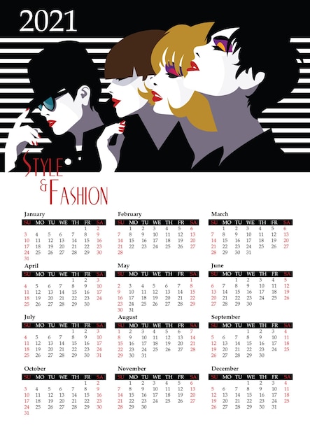 Calendario 2021 con mujer de moda en estilo pop art.