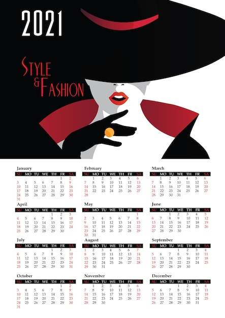 Vector calendario 2021 con mujer de moda en estilo pop art