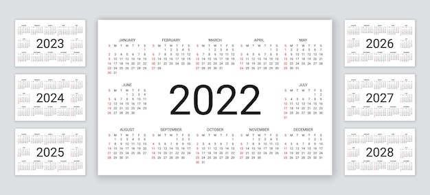 Calendario 2022, 2023, 2024, 2025, 2026, 2027, 2028 años. Ilustración vectorial. Plantilla de calendario simple.