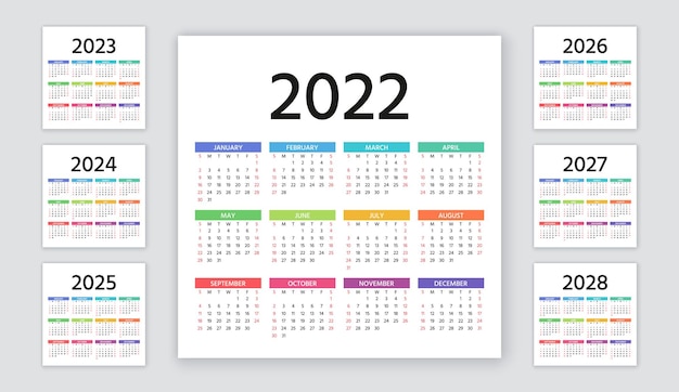 Calendario 2022, 2023, 2024, 2025, 2026, 2027, 2028 años. La semana comienza el domingo. Diseño de calendario