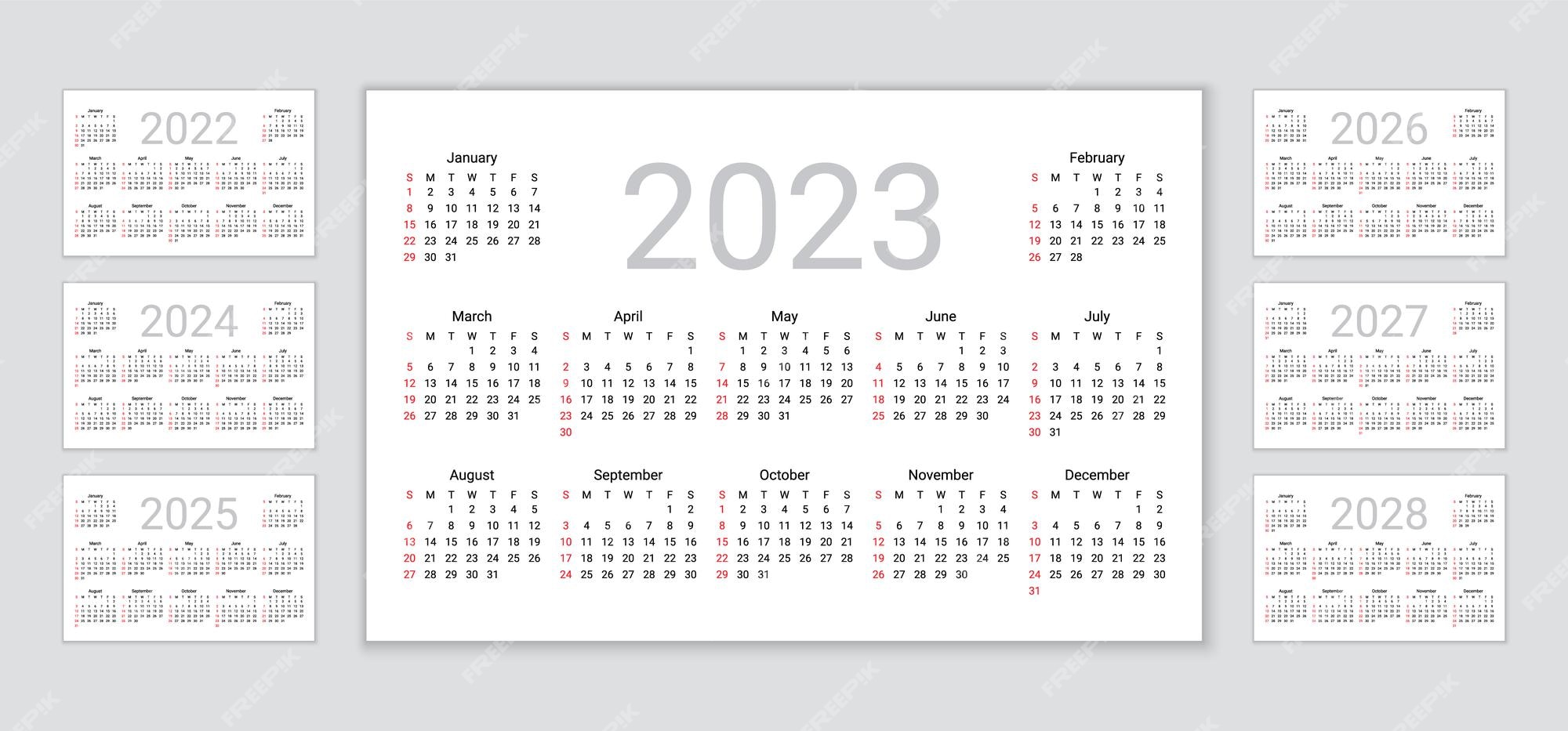 Calendario De La Semana Calendario 2022, 2023, 2024, 2025, 2026, 2027, 2028 años. la semana  comienza el domingo. sencilla plantilla de calendarios de bolsillo o de  pared. | Vector Premium