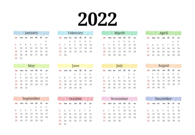 Calendario para 2022 aislado sobre fondo blanco. De domingo a lunes, plantilla de negocios. Ilustración vectorial