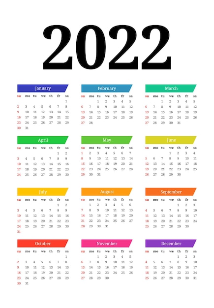 Calendario para 2022 aislado sobre fondo blanco. de domingo a lunes, plantilla de negocios. ilustración vectorial