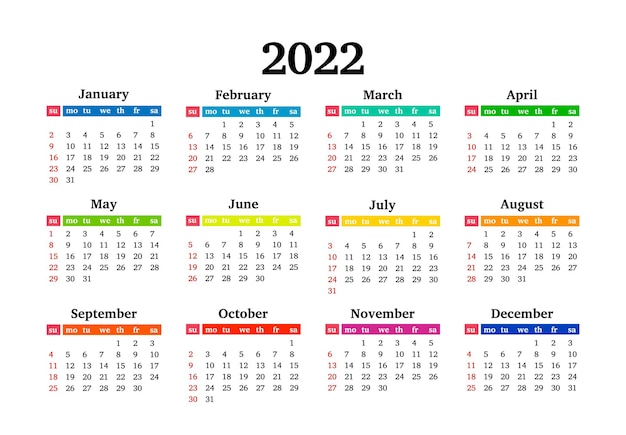 Calendario para 2022 aislado sobre fondo blanco. de domingo a lunes, plantilla de negocios. ilustración vectorial