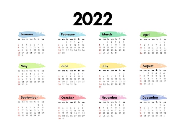Calendario para 2022 aislado sobre fondo blanco. De domingo a lunes, plantilla de negocios. Ilustración vectorial
