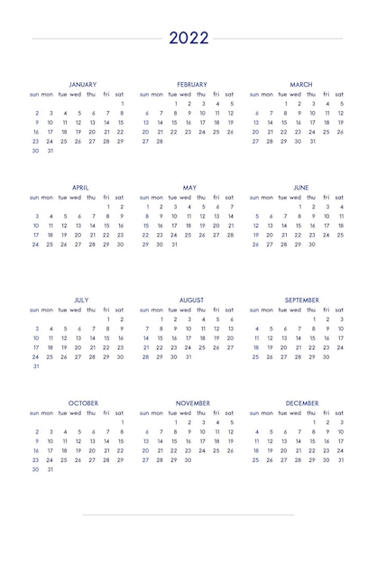 Calendario 2022 ambientado en estilo clásico estricto calendario de mesa de pared calendario diseño comercial mínimo y restringido para cuaderno y planificador la semana comienza el domingo