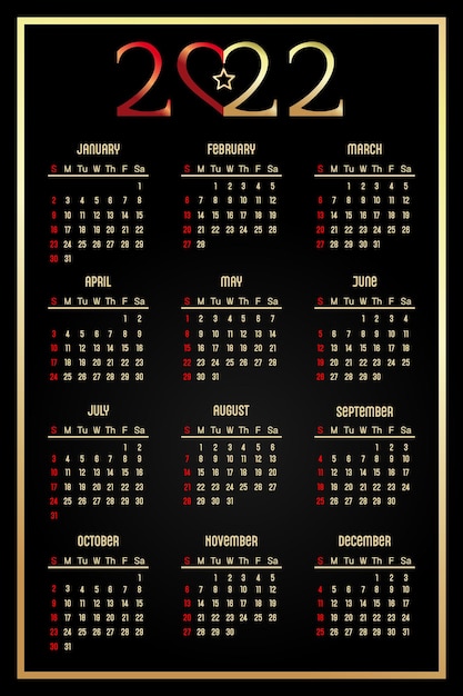 Calendario 2022 Los días de la semana están en la parte superior