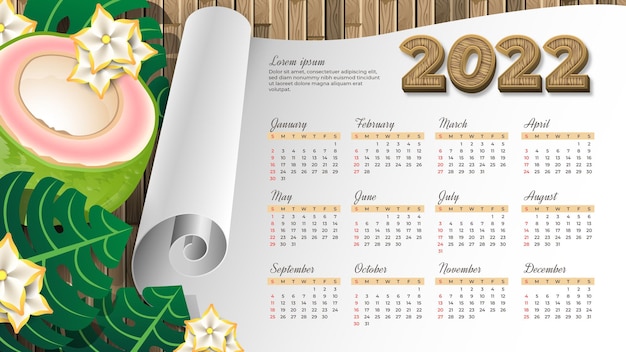 Vector calendario 2022 con fondo tropical y madera