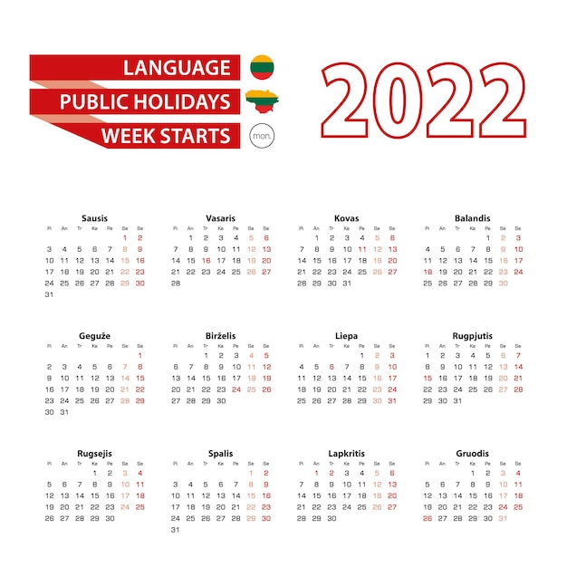 Calendario 2022 en idioma lituano con festivos, el país de lituania en el año 2022.