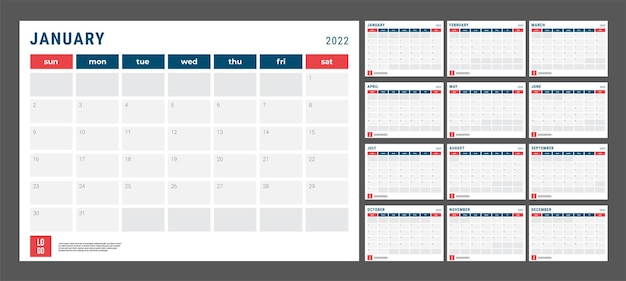 Calendario 2022 - ilustración. Plantilla. La semana de maquetas comienza el domingo