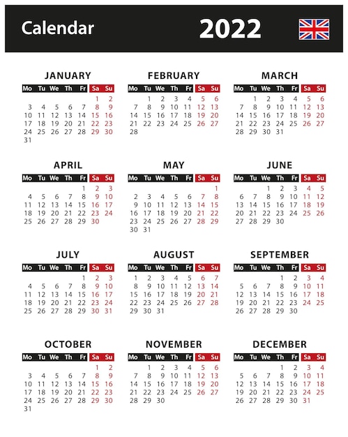 Calendario 2022 - ilustración de stock vectorial. versión inglesa