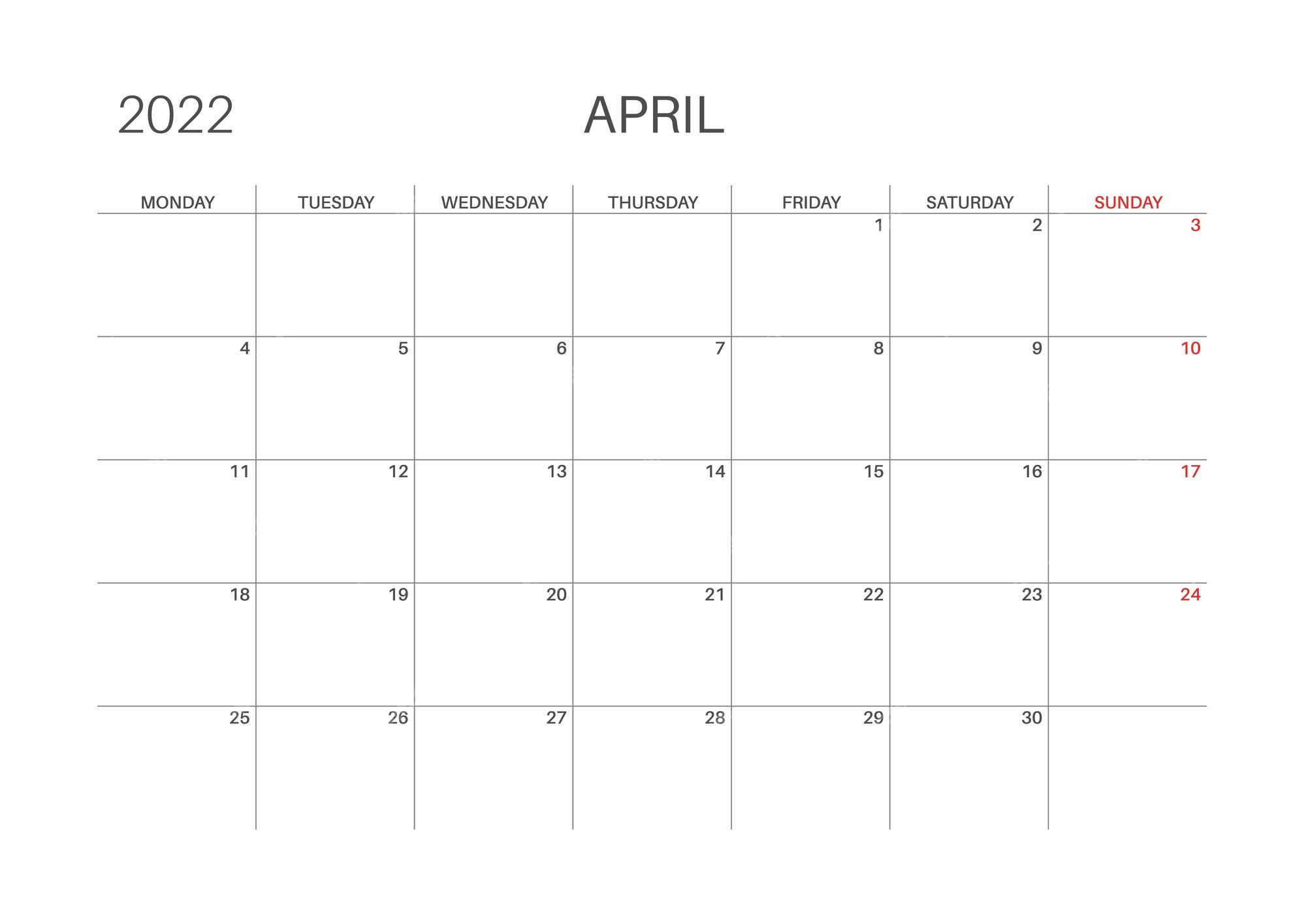 Mes De Abril Calendario Calendario 2022. mes de abril. lunes inicio de semana. plantilla de  calendario imprimible para planificadores. número de la semana. estilo  minimalista. | Vector Premium