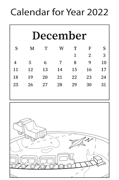 Calendario para 2022 Mes de diciembre Libro para colorear de vectores Juguetes para niños