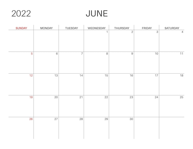 Calendario 2022. Mes de junio. Lunes inicio de semana. Plantilla de calendario imprimible para planificadores. Número de la semana. Estilo minimalista.