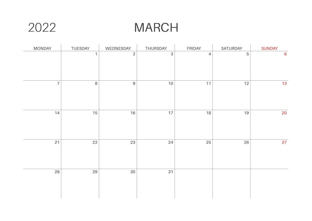 Calendario 2022. Mes de marzo. Lunes inicio de semana. Plantilla de calendario imprimible para planificadores. Número de la semana. Estilo minimalista.