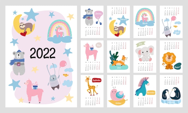 Vector calendario 2022 o planificador para niños. lindos animales estilizados. ilustración vectorial editable, conjunto de 12 portadas mensuales. la semana comienza el lunes.