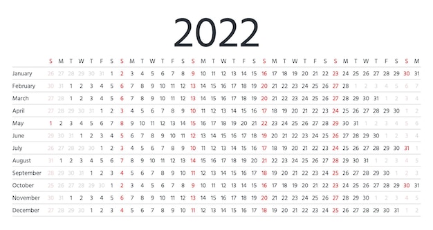 Calendario 2022. planificador horizontal lineal por año. cuadrícula de programación anual con meses