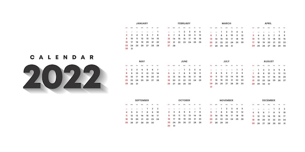Calendario 2022 plantilla versión en inglés